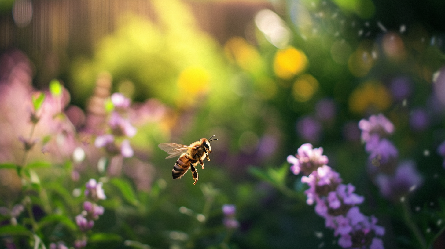 a bee flying in a garden