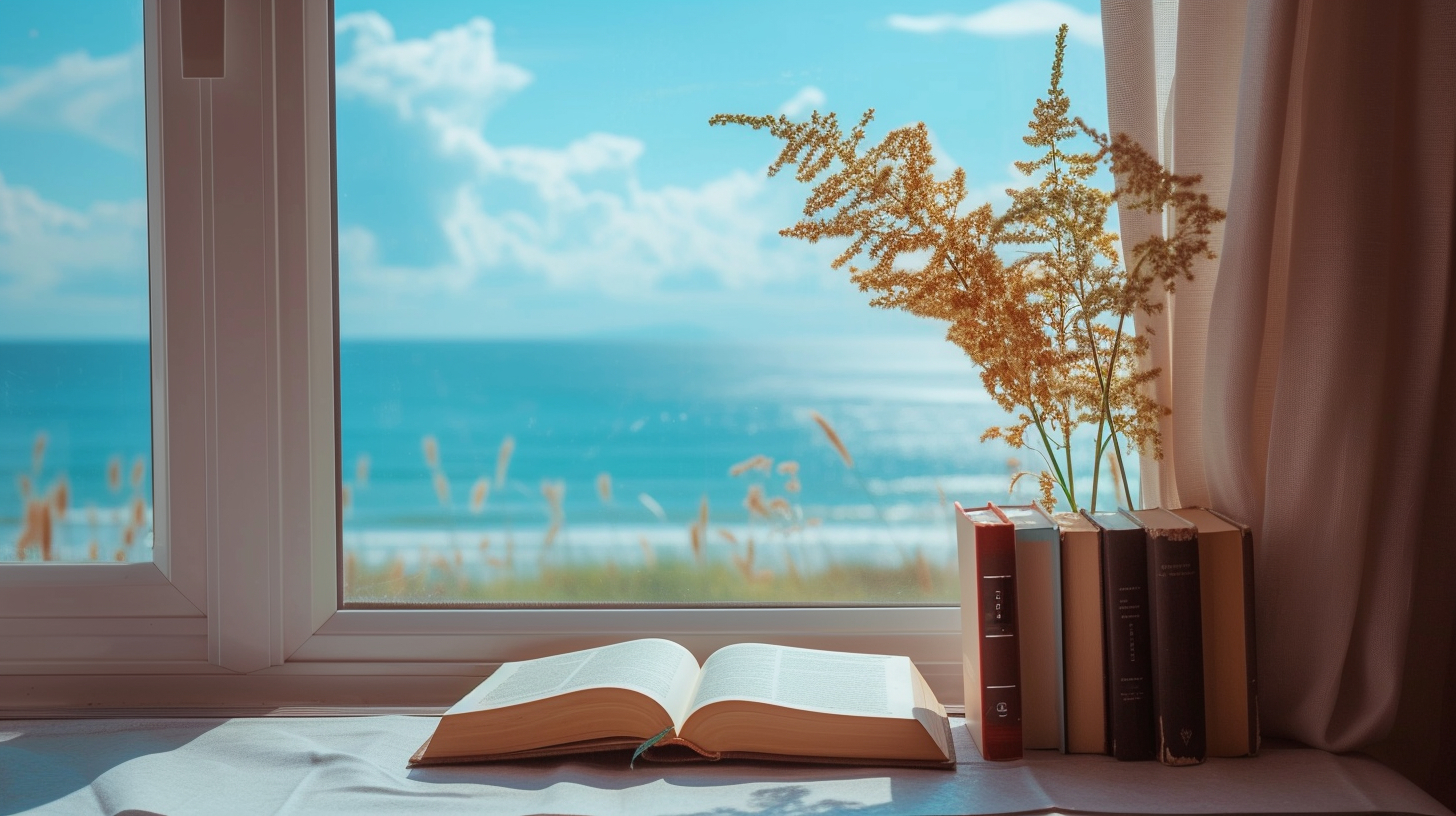 image of a book laying beside a window