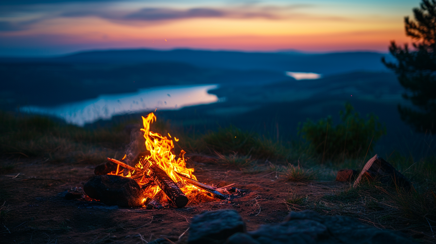 a campfire on a hill by a swamp