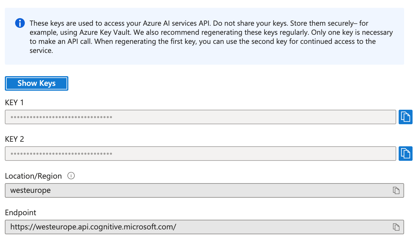 a view of the Keys and Endpoint menu in Azure